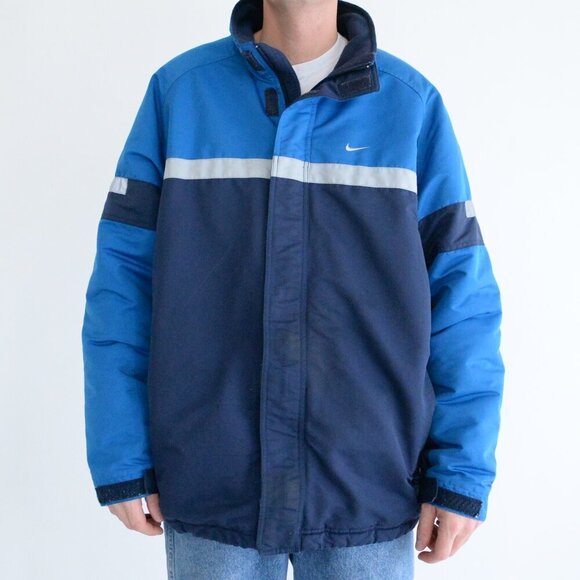 Vintage Y2K Nike Blue Reflective Fleece Lined Zip Up Winter Jacket XL - Picture 2 of 16